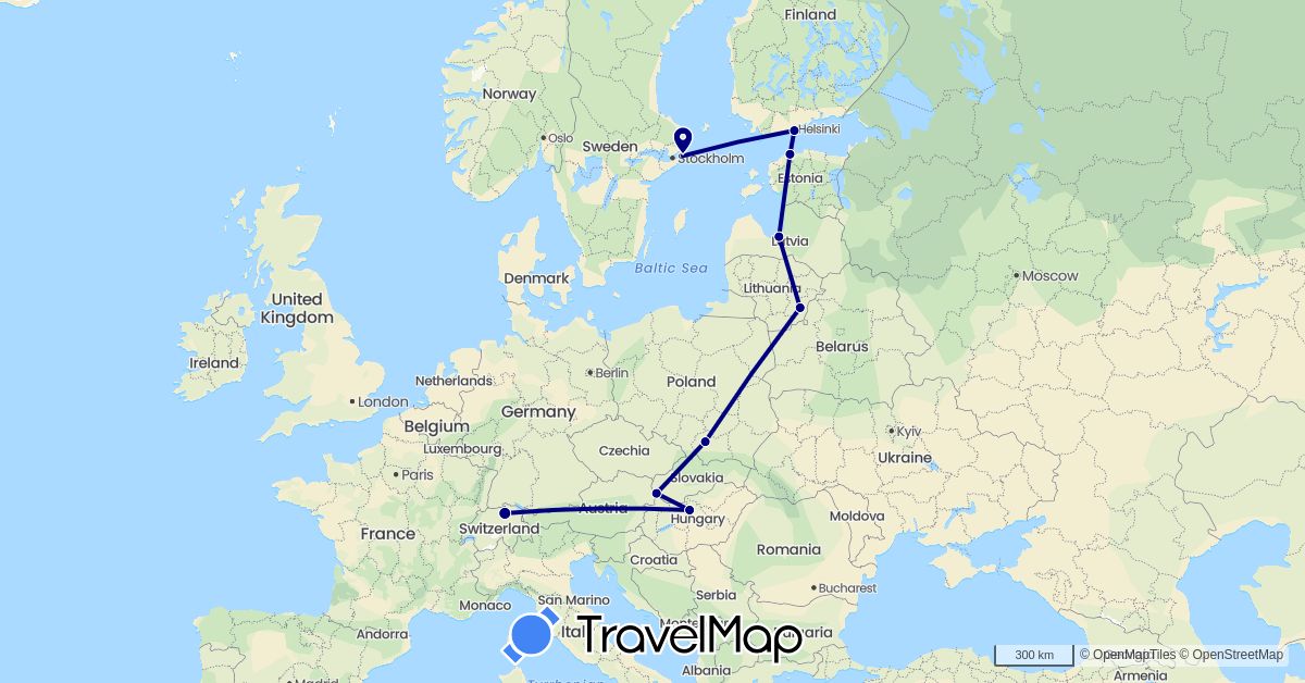 TravelMap itinerary: driving in Switzerland, Estonia, Finland, Hungary, Lithuania, Latvia, Poland, Sweden, Slovakia (Europe)